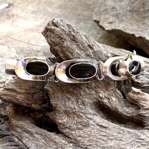 Taxco Statement Bracelet Sterling Silver & Black Onyx Linked Vintage Made Mexico